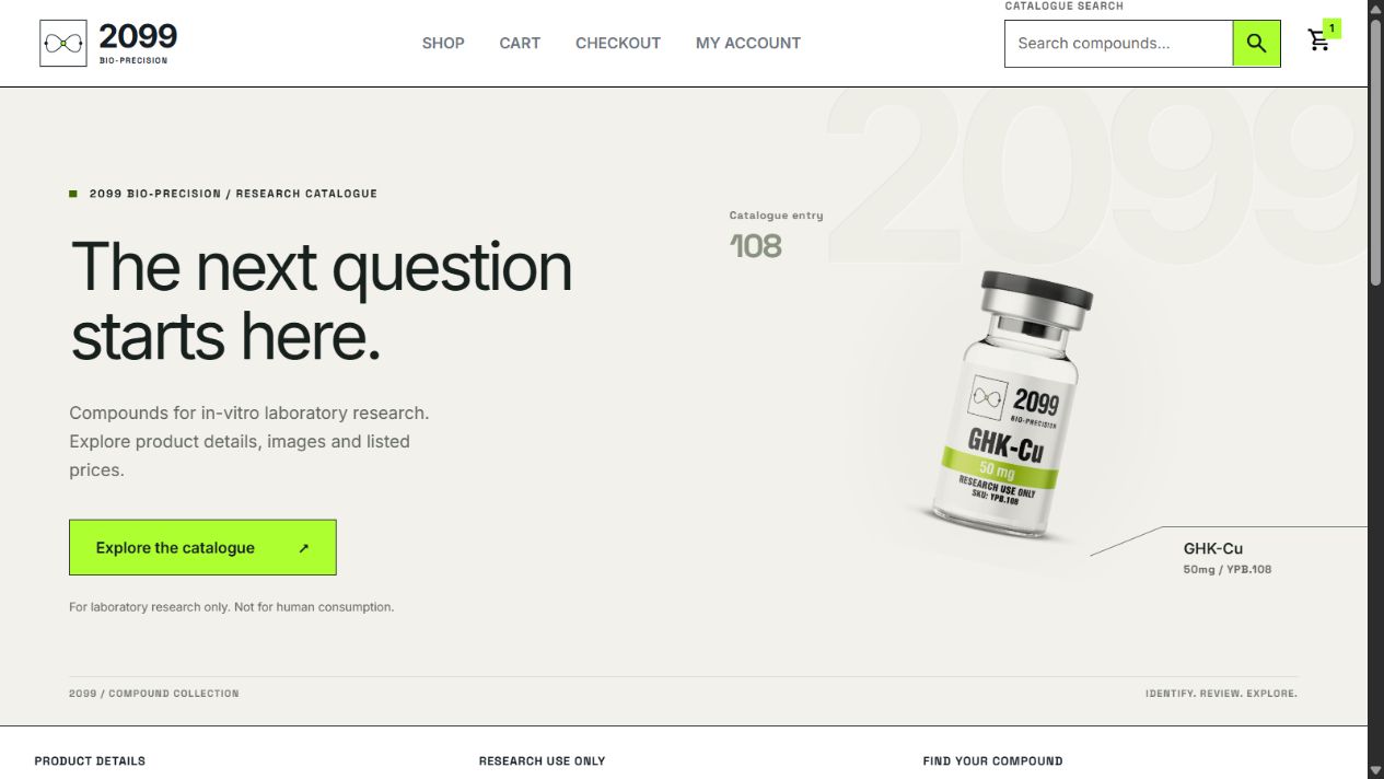 2099bio local development preview showing product photographs and a four-product catalog